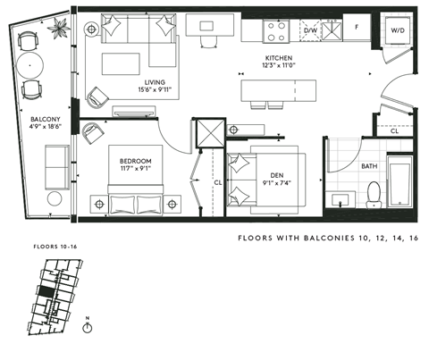 Floor plan for 1 bed, 1 bath, 662 sqft